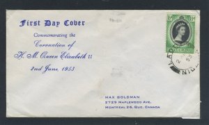 Nigeria 1953 QEII Coronation stamp on First Day Cover.