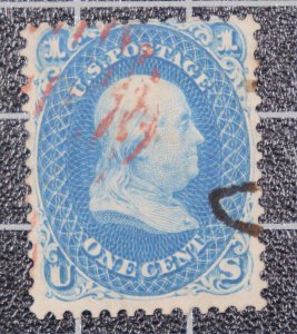 Scott 63 1 Cent Franklin Used Nice Stamp Partial Red Cancel SCV $45.00 