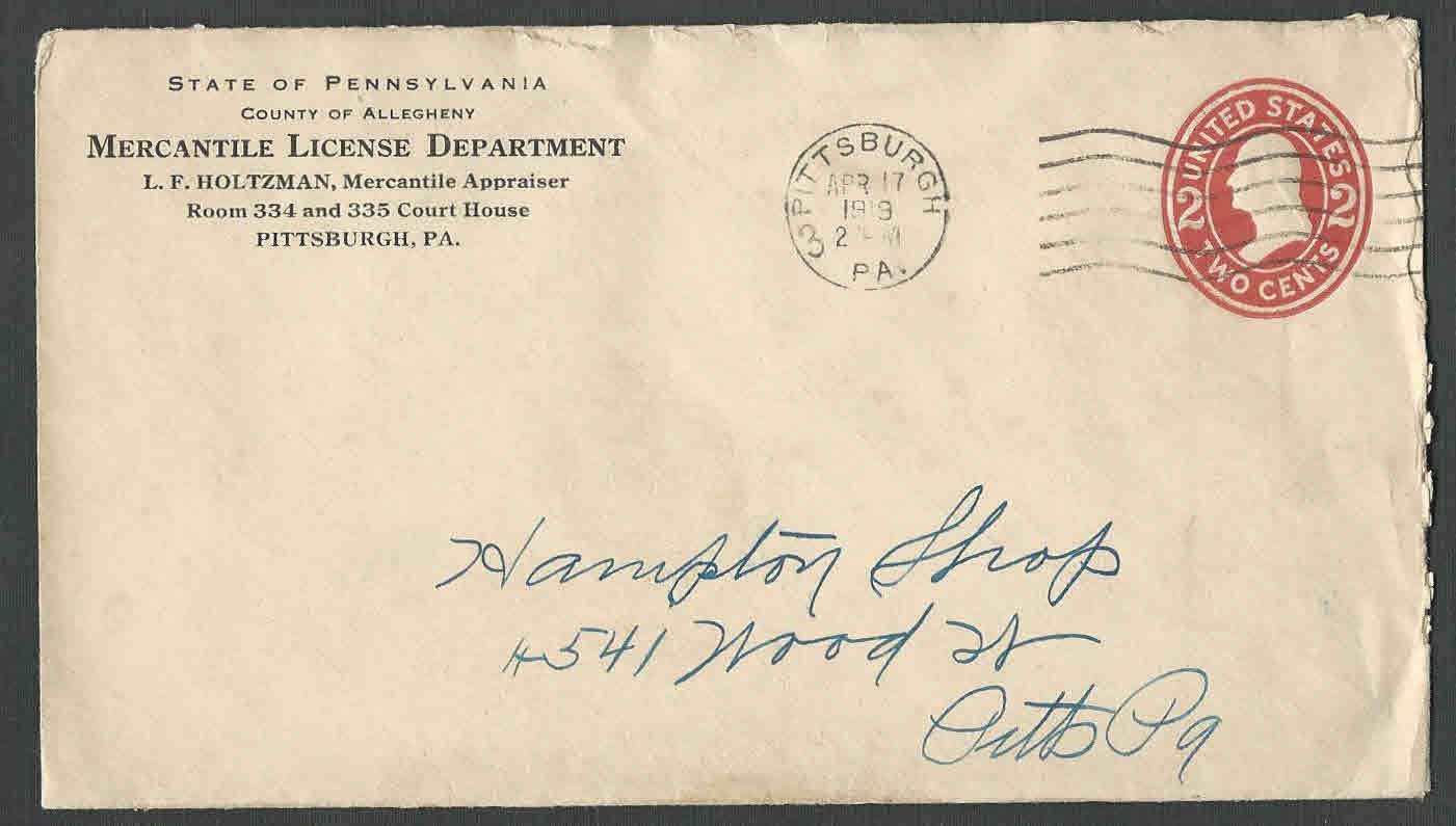 Dated 1919 Cover Pitts PA Mercantile License Dept State Of Pennsylvania