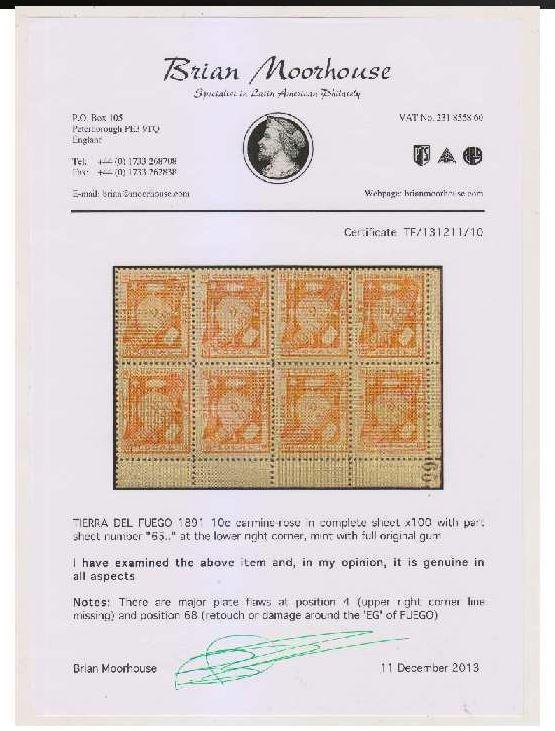 ARGENTINA 1891 TIERRA DEL FUEGO POPPER 1891 Mi 1 FULL SHEET MOORHOUSE CERT €6000