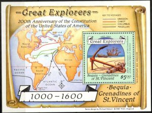 Bequia Grenadines of St. Vincent 1988 Great Explorers Sailing Ships S/S MNH