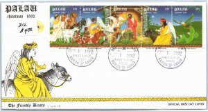 PALAU-CHRISTMAS 1992 SETENANT STRIP OF 5 ON CACHET FIRST DAY COVER SCOTT 312 a-e