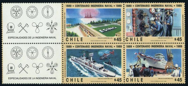 Chile 837-840a block/4/2 labeis,MNH. Naval Engineering-100,1989.Ship,Helicopter,