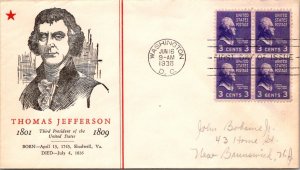 FDC 1938 SC #807 Linprint Cachet - Washington DC - Block Of 4 - J5405