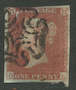 GB 1841 QV 1d Penny red Imperf Blued  maltese cross ( O L ) PMK M C ( K544 )