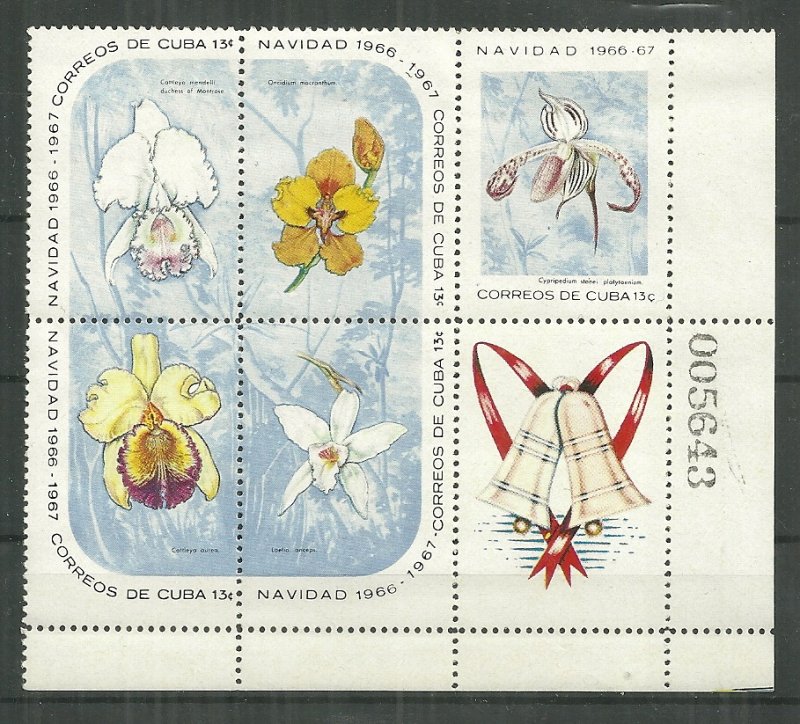 1966 Cuba #1196a Christmas Orchids block of 5 with label MNH SCV$27.50