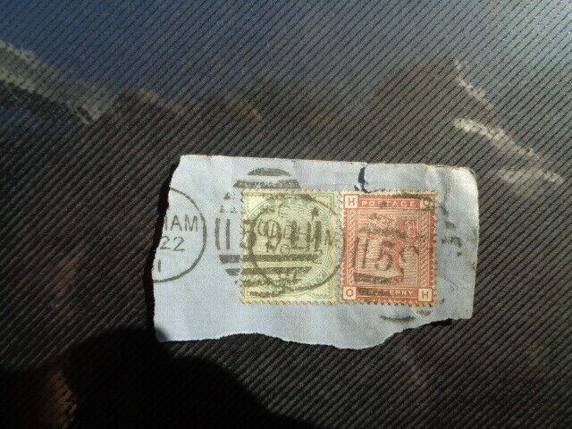 Stamps Victoria 1/2d Green and 1d Venetian Red 1880 Postmark Oldham on Piece