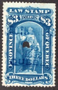 van Dam QL26, Quebec Law, dated SOTN, $3, Used, 1871-90 issue, Canada Revenue