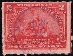 R164p 2¢ Battleship Documentary Stamp: Hyphen Hole  Perf 7 (1898) Used/CDS