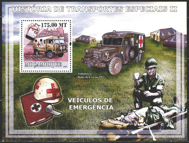 Mozambique. 2009. bl246. Red cross, military medicine, cars. MNH.