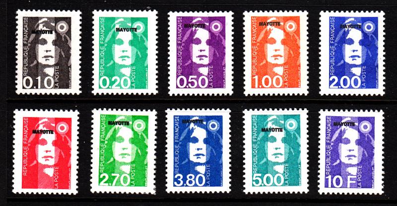 Mayotte MNH Scott #75-#84 Set of 10 MAYOTTE overprint on French Mariannes