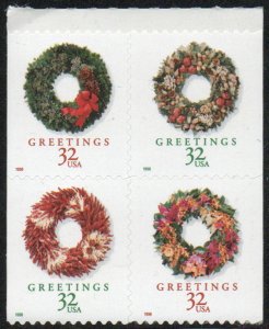 US #3245 - 3248 32c Wreaths Booklet pane, VF NH, Brookman $50.00,  VERY RARE ...