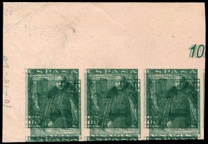 Spain #762P, 1948 Franco, 35c green, proof on pink card, imperf. upper right ...