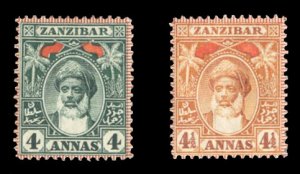 Zanzibar #68-69 Cat$28.50, 1899 4a and 4 1/2a, hinged, some natural wrinkles
