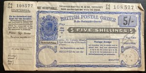 1947 Gravesend England British Postal Order Cover Five Shillings