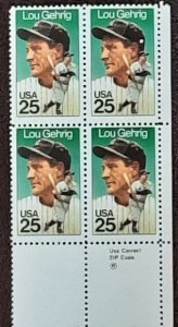 US Scott # 2417; 25c Lou Gehrig block of 4 from 1989; MNH, og; VF/XF centering