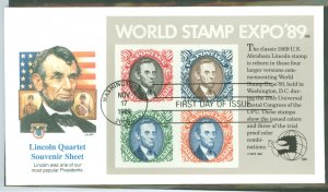 US 2433 1989 90c Lincoln, Block of 4 Imperfs in Different Colors on a Souv. Sheet Issued for The World Stamp Expo / on a FDC wit