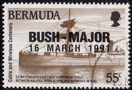 Bermuda 1991 used Sc #606 BUSH-MAJOR O/P on 55c Cableship SS Westmeath