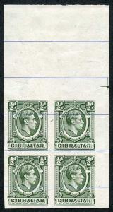 Gibraltar SG121 KGVI 1/2d Green Printers Proof IMPERF on No Wmk Blue-Lined paper