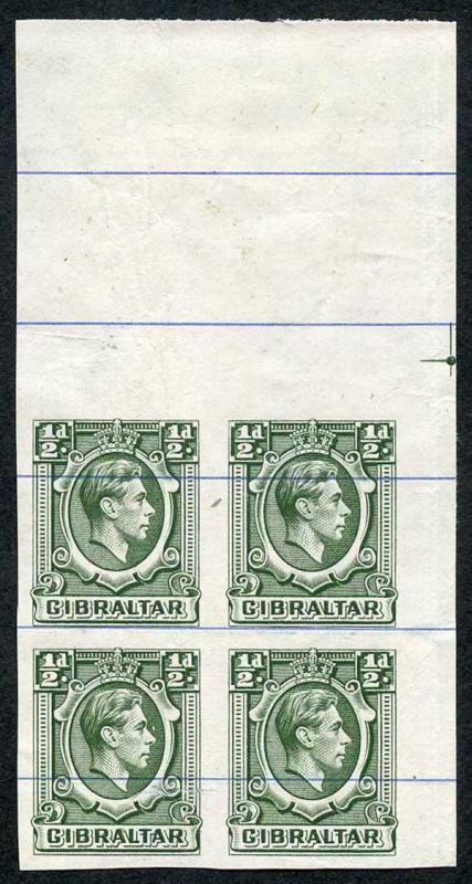 Gibraltar SG121 KGVI 1/2d Green Printers Proof IMPERF on No Wmk Blue-Lined paper