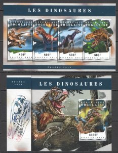 HM0213 2018 TOGO DINOSAURS PREHISTORIC ANIMALS FAUNA #8817-0+BL1548 MNH