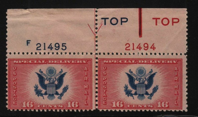 1936 Air Mail Special Delivery Sc CE2 pair MNH Type 2 plate block value $80 (R 