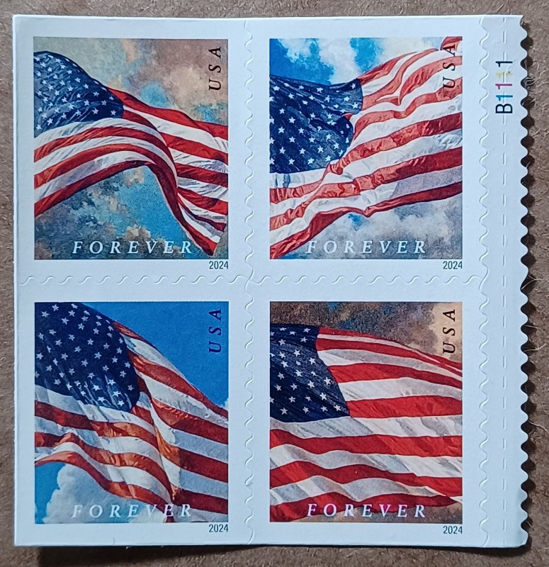 US #5871-5874 (68c) American Flag BCA booklet MNH block of 4 plate #B1111 (2024)