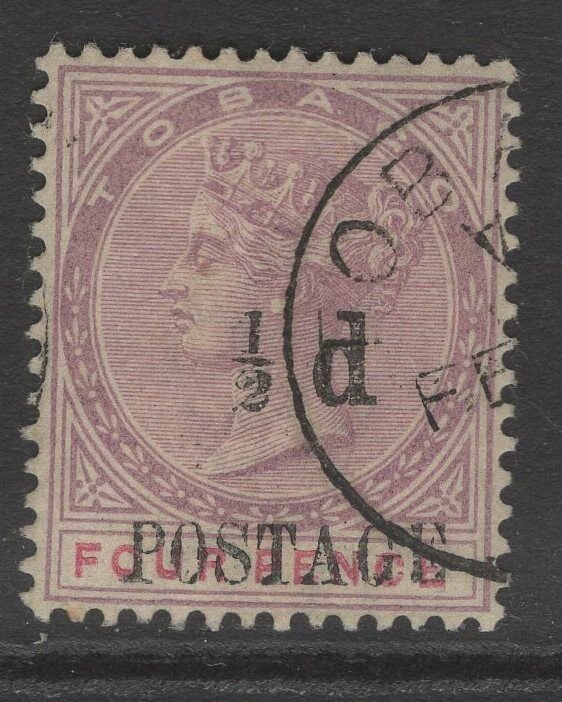 TOBAGO SG33a 1896 ½d on 4d LILAC & CARMINE SPACE BETWEEN ½ AND d USED