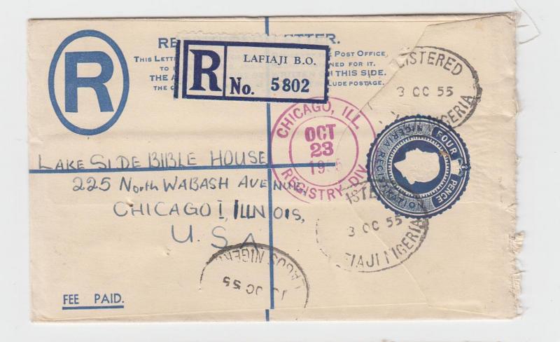 NIGERIA (LAFIAJI)-USA 1955 4d REGISTERED ENVELOPE 1sh9d ADDED (SEE BELOW