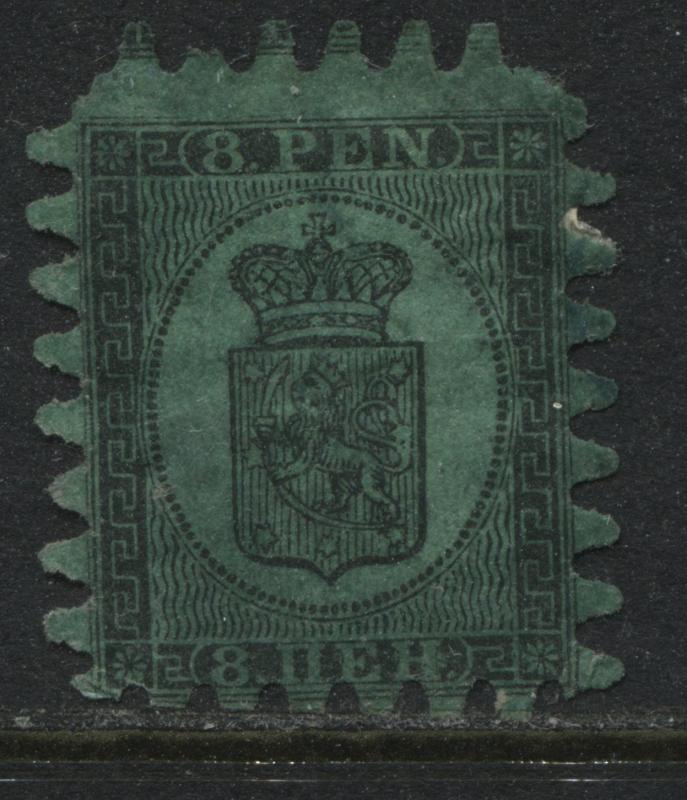Finland 1867 8 pennia black on green unused no gum. (JD)