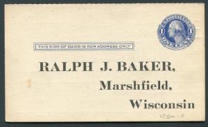 1910's Ralph J. Baker Ice Cream Manufacturer Marshfield, WI Unused Postal Card