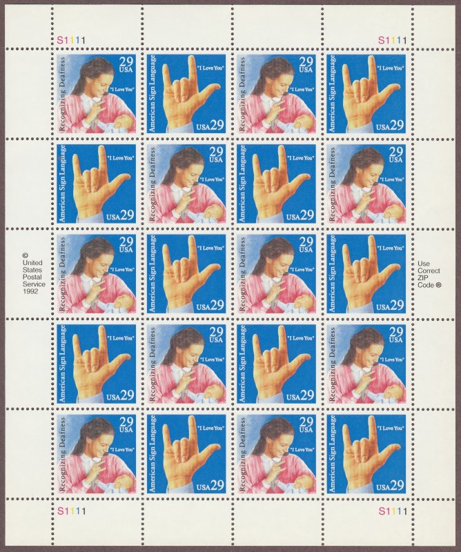 2783-84 Recognizing Deafness/American Sign Language Pane of 20 MNH $1 Shipping