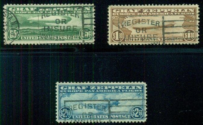 US #C13-15 Complete Zeppelin set 65¢ to $2.60, used, VF