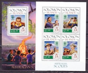 Solomon Is. 2013 issue. Scout B. Powell Anniversary sheet of 4 & s/sheet.