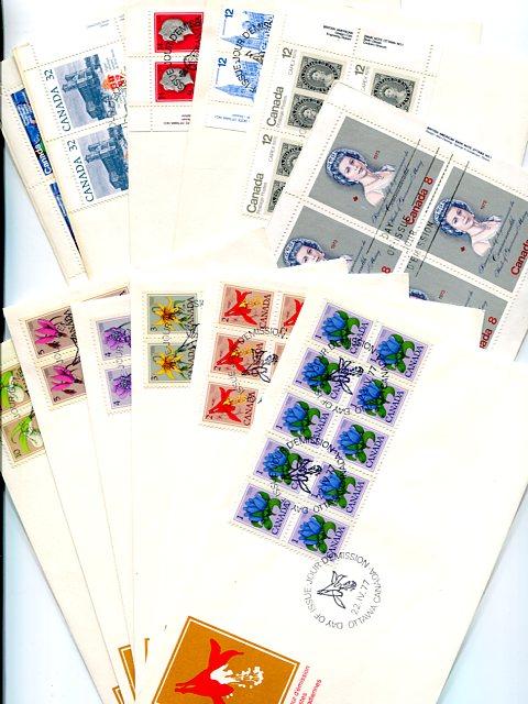 Canada  11  FDC  all but 1 unadressed all with blocks 4 + VF