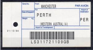 GB = (1994) ROYAL MAIL `Bag Tag` MANCHESTER to PERTH. Unusual. (01.16)