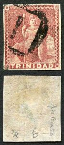 Trinidad SG12 1854-57 (1d) Rose Red Imperf Paper 4 Margins (crease) (E15)