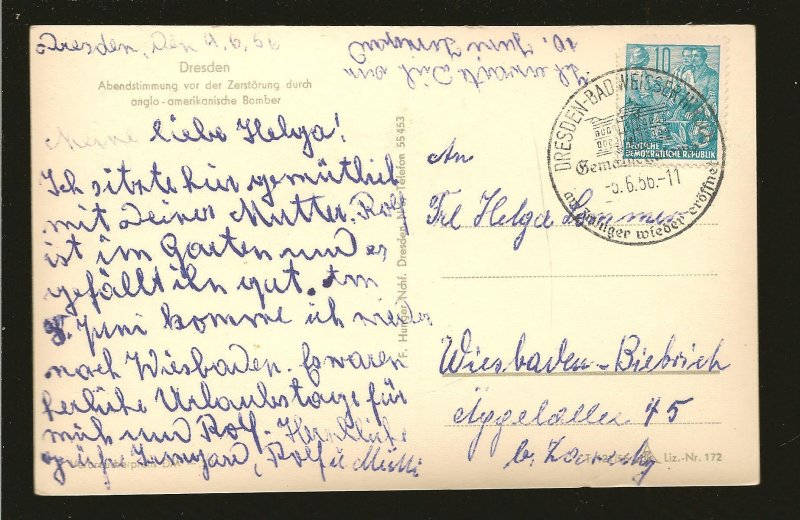 Germany DDR 191 on PM 1956 Dresden Postcard Used