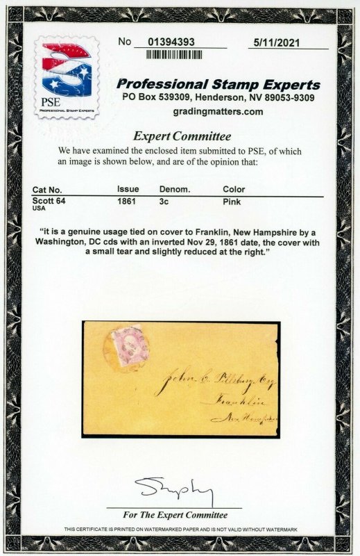 US Stamp #64 Washington on Cover 3c - PSE Cert - CV $775.00 