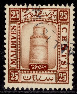 MALDIVE ISLANDS GV SG18A, 25c brown, FINE USED. Cat £30.