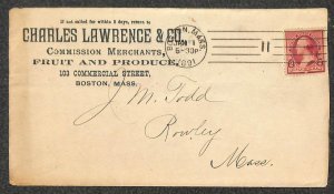 USA 220 STAMP LAWRENCE FRUITS BOSTON MASSACHUSETTS ADVERTISING COVER 1891