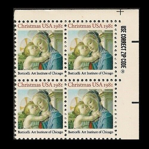 US 1939 Christmas Madonna & Child 20c zip block 4 UR MNH 1981