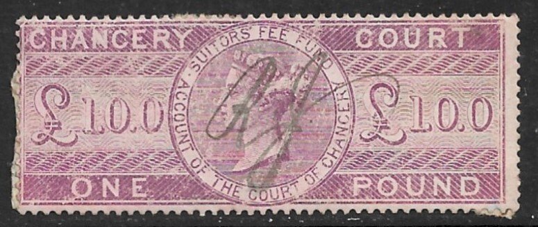 GREAT BRITAIN 1857 QV £1 CHANCERY COURT FEE Revenue P.14 Bft 56 Used