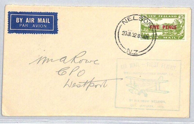 NEW ZEALAND Air Mail FIRST FLIGHT Nelson Westport Auckland-West Coast 1932 ZC205 