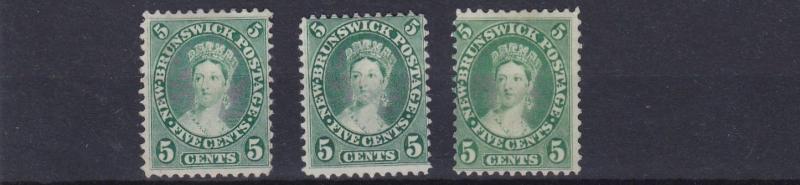 CANADA  NEW BRUNSWICK 1860 - 63  S G 14+15+16  3 X 5C GREEN UNUSED NO GUM  C£350