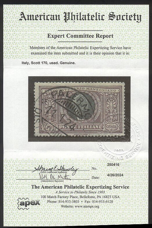 ITALY #170 RARE Used w/ Cert - 1923 5 l Manzoni