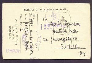 1946 Dharamsala India Prisoner of War POW CAmp Censored Postcard Cover to Italy