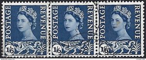 GREAT BRITAIN Wales 1967 QEII 1/6 x 3 Horizontal Strip Grey-Blue SGW6 FU