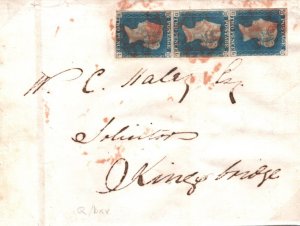 GB 1840 2d PALE BLUE STRIP (CL-EL) Cover PLYMOUTH MX Devon SG.6 Cat £4,950- 110h 