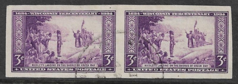 USA 1935 2c Wisconsin Special Printing Imperforate Pair Sc 755 VFU